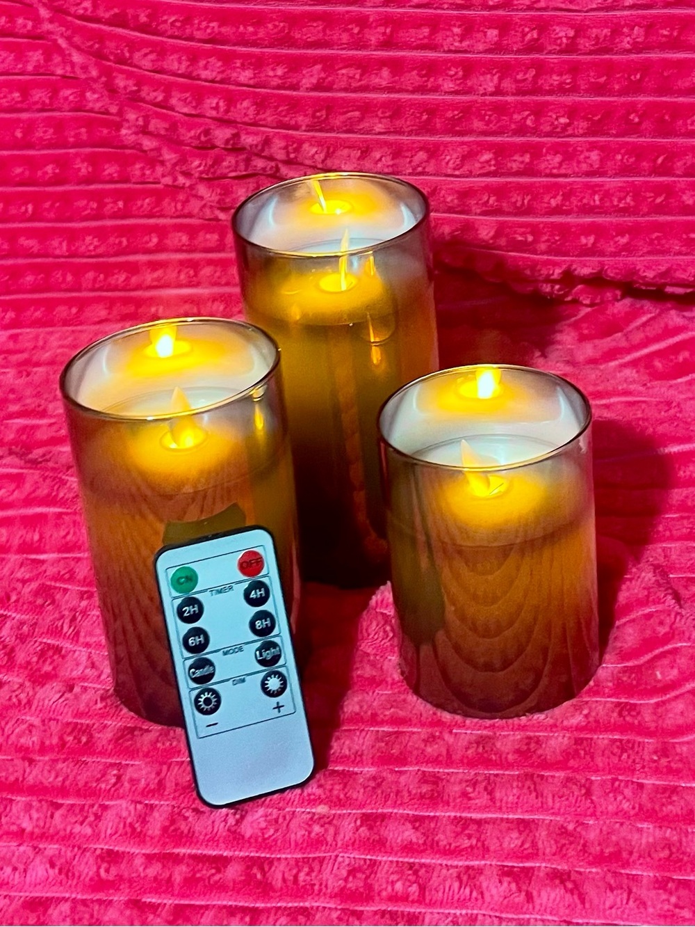 Wood-Grain LED Pillar Candles with Remote - Amber Brown (Set of 3)